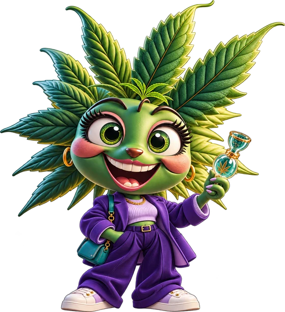 Lavish, a cartoon leaf character in a violet blazer and lavender top, holding a glass piece, with a teal bag