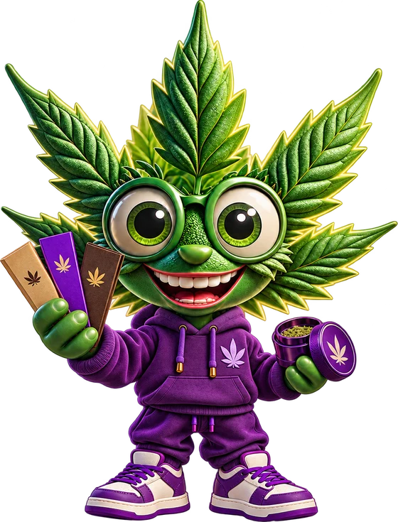 Lit, a cartoon five-point leaf character in green glasses and a purple sweatsuit, holding rolling papers and a hand grinder
